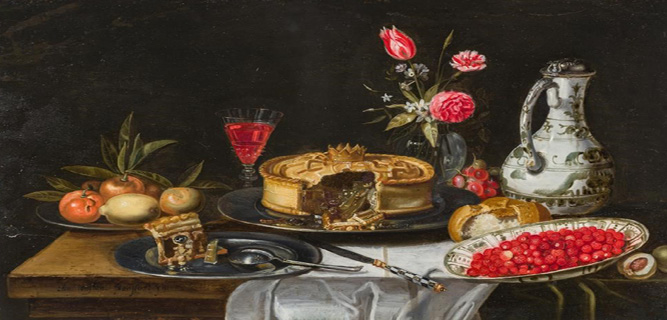 Sold at Auction: Frans Ykens, FRANS YKENS (1601-1693): STILL LIFE WITH FRUIT,  FLOWERS, A KING'S CAKE AND CROCKERY, OIL ON COPPER